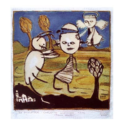 bssa Figlio Deliro da sinistra Carletto , Giovanni , Toni,anno 2002 gesso pigmenti e collage su cartone reciclato